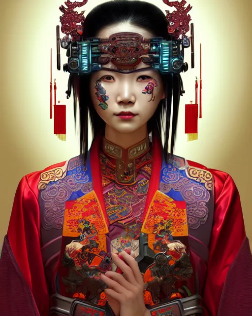 Image similar to portrait of a chinese cyberpunk machine, machine face, arms, upper half portrait, decorated with chinese opera motifs, regal, asian, fine china, wuxia, traditional chinese art intricate intense elegant 京 剧 highly detailed digital painting artstation concept art smooth sharp focus illustration, art by artgerm and greg rutkowski alphonse mucha 8 k