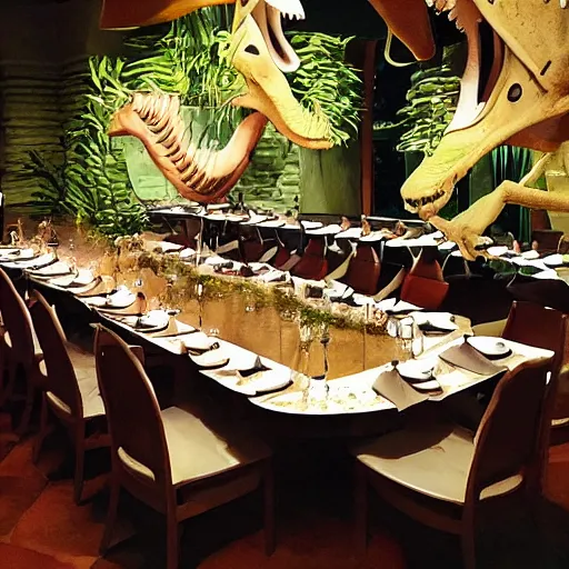 Prompt: dinosaurs dinning at a fancy restaurant