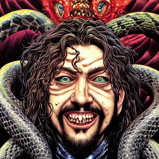 Image similar to portrait closeup of crazy post malone as vampire and snakes around, symmetrical, by yoichi hatakenaka, masamune shirow, josan gonzales and dan mumford, ayami kojima, takato yamamoto, barclay shaw, karol bak, yukito kishiro