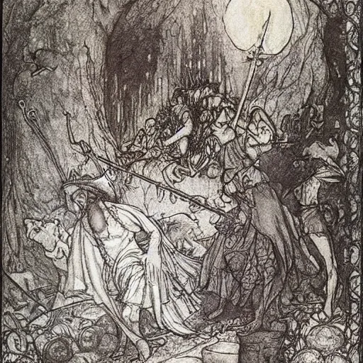 Image similar to once upon a midnight dreary, while i pondered, weak and weary, over many a quaint and curious volume of forgotten lore, by arthur rackham, highly detailed,