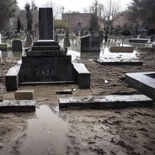 Image similar to The installation art shows a grave that has been flooded with water. The grave is located in a cemetery in Italy. The water in the grave is dirty and there is trash floating in it. The grave is surrounded by a fence. by Nikolai Ge, by Joe Quesada rigorous