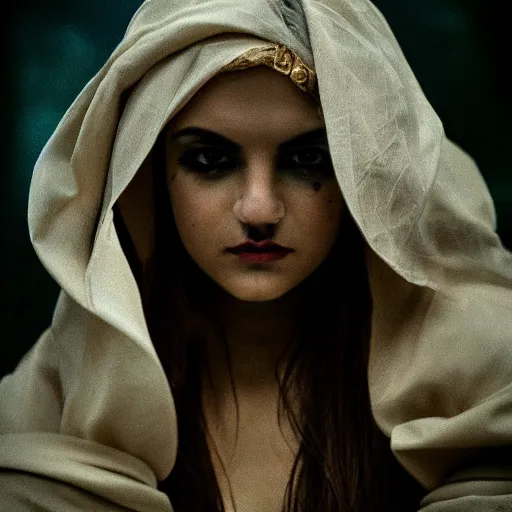 Prompt: beautiful portrait of a dark soothsayer female, 35mm, cinematic shot, photorealistic, hard light, depth of field