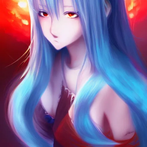 Image similar to advanced digital anime art, a very cute gorgeous teenage girl with a body made of fire and ice , full body, very long snow colored hair, sky blue highlights in hair, red fiery watery eyes, full round face, dramatic cinematic lighting, wideshot, highly intricately detailed, trending on pixiv, Artstation,