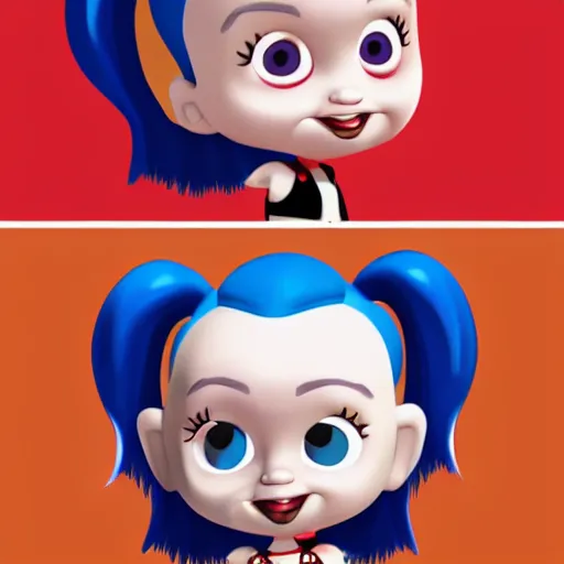 Image similar to baby harley quinn with pigtail in hair like pebbles flintstones full body, big head, large smile, pixar style, happy, chill out, rending, trending on artstation