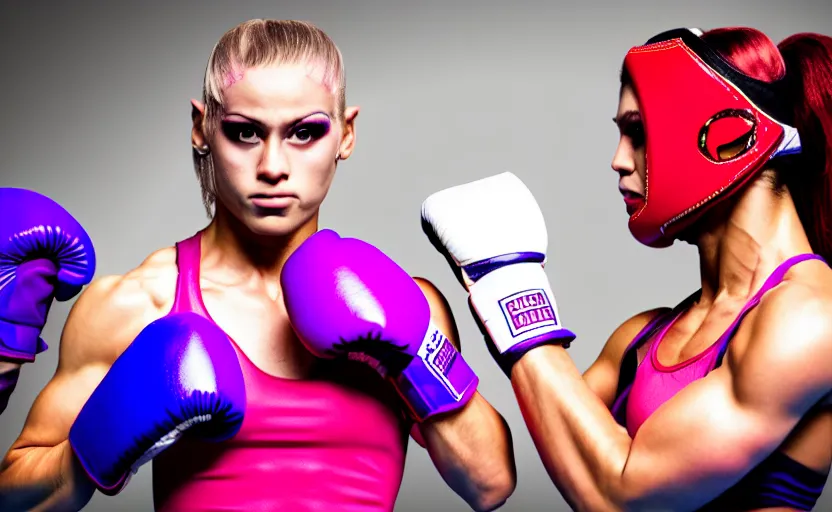 Image similar to girl boxing with drag queen, no blur, 4 k resolution, ultra detailed