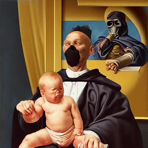 Prompt: hyperrealism oil painting of a handsome man, strong jaw, symmetrical, sitting in a gilded throne, tubes coming out of the man's arm, getting a blood transfusion from a baby. plague doctor in the background. in the style of classicalism mixed with retro japanese book art
