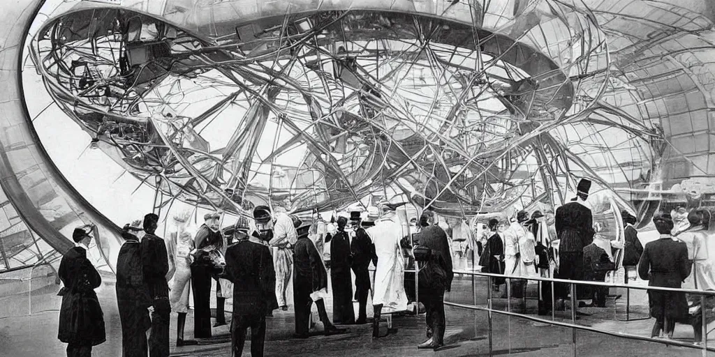 Image similar to futuristic invention display at the worlds fair, 1 9 0 0 s photograph