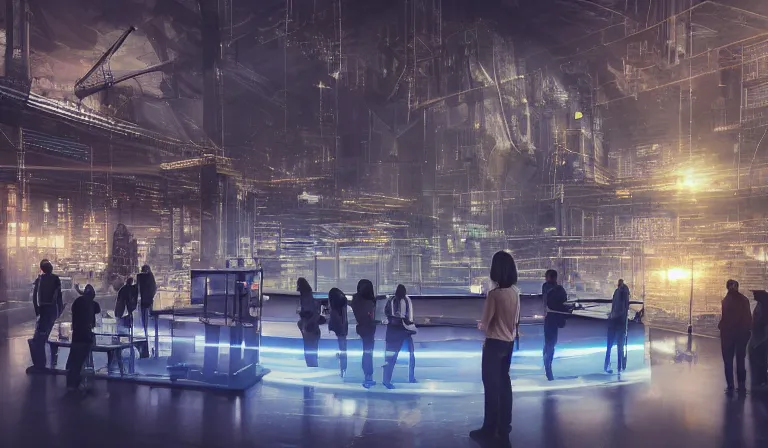 Image similar to group of people in simple warehouse, looking at hologram of futuristic city on a table, cinematic concept art, godrays, golden hour, natural sunlight, 4 k, clear details, tabletop model buildings, center model buildings, hologram center, crane shot, crane shot, crane shot