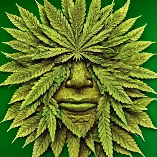 Prompt: the green man but made of cannabis leaves