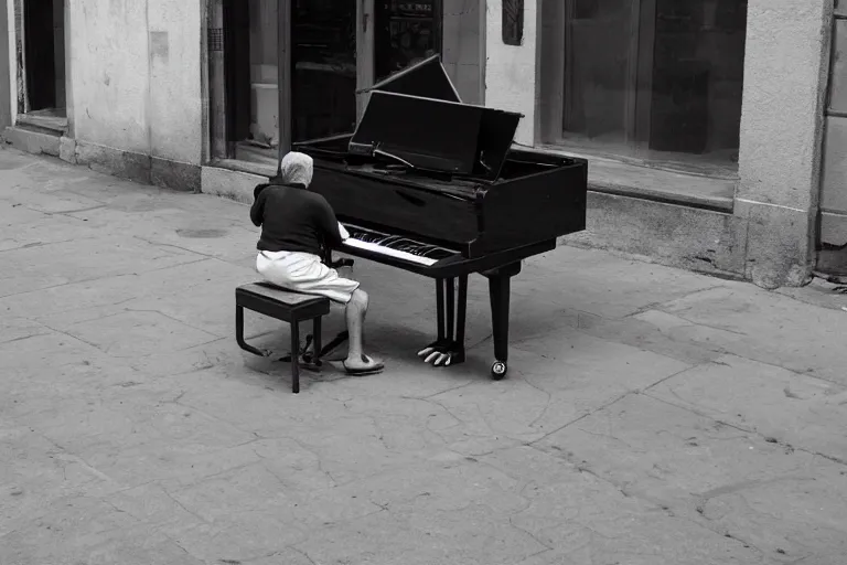 Image similar to amazing award winning photo of an old man chasing a piano with legs, award winning photo