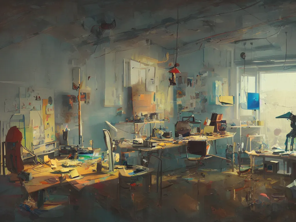 Image similar to an art studio in a painting from stalenhag, 4 k, 8 k, hdr, artstation, concept art