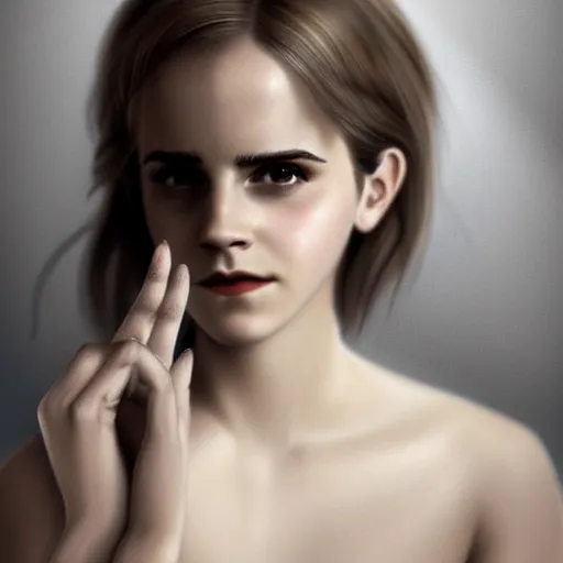 Prompt: Emma Watson showing her ring on correct cute female finger and left cute thumb, realistic, digital painting, portrait, elegant, cinematic lighting, mysterious, highly detailed, artstation, concept art, illustration, smooth, sharp focus, editor's pickup, trending on artstation, trending on deviantart, alphonse mucha, WLOP