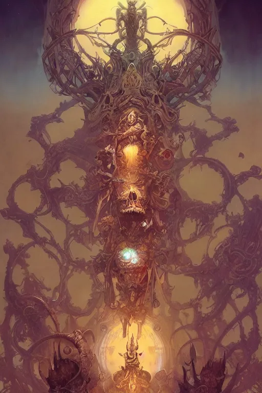 Image similar to evil gigantic biomechanical god of death, fantasy painting, ultra realistic, wide angle, art nouveau, intricate details, rainbowshift, vivid colors, highly detailed by peter mohrbacher, maxfield parrish, aaron horkey, gaston bussiere, craig mullins