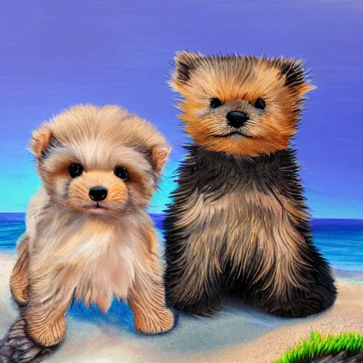 Image similar to cute fluffy hybrid animal cross between baby sea otter, kitten, and yorkshire terrier puppy sitting on a tropical beach landscape detailed painting 4 k