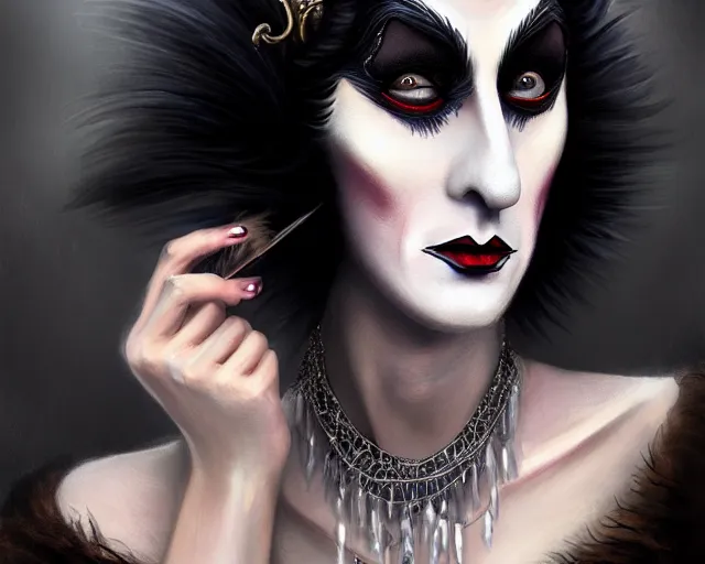 Prompt: flapper nosferatu drag queen, feather boa, smoke, bad wig, ruined makeup, deep focus, d & d, fantasy, intricate, elegant, highly detailed, digital painting, artstation, concept art, matte, sharp focus, illustration, hearthstone, art by artgerm and greg rutkowski and alphonse mucha