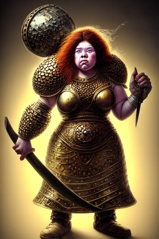 Prompt: hyperrealistic mixed media painting of a female dwarven cleric, chubby short stature, d&d, full body, mighty warhammer slug over her shoulder, stunning 3d render inspired art by P. Craig Russell and Barry Windsor-Smith + perfect facial symmetry + dim volumetric lighting, 8k octane beautifully detailed render, post-processing, extremely hyperdetailed, intricate, epic composition, grim yet sparkling atmosphere, cinematic lighting + masterpiece, trending on artstation, very very detailed, masterpiece, stunning