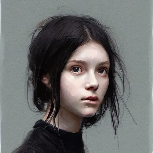 Image similar to portrait of a girl by greg rutkowski, she is about 2 0 years old, mixture between russian and japanese, prettt, black bob hair with two strands around her face, wearing a tank top and a oversized jumper overall, highly detailed portrait, digital painting, artstation, concept art, smooth, sharp foccus ilustration, artstation hq