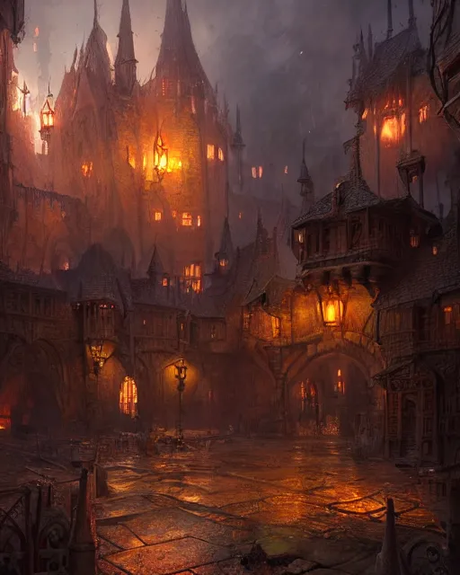 Image similar to robust fantasy castle courtyard burned to the groun, fiery ambient, uplifting mood, ultra realistic, sad, small buildings, highly detailed, epic lighting, illuminated, cinematic, morning, art by eddie mendoza