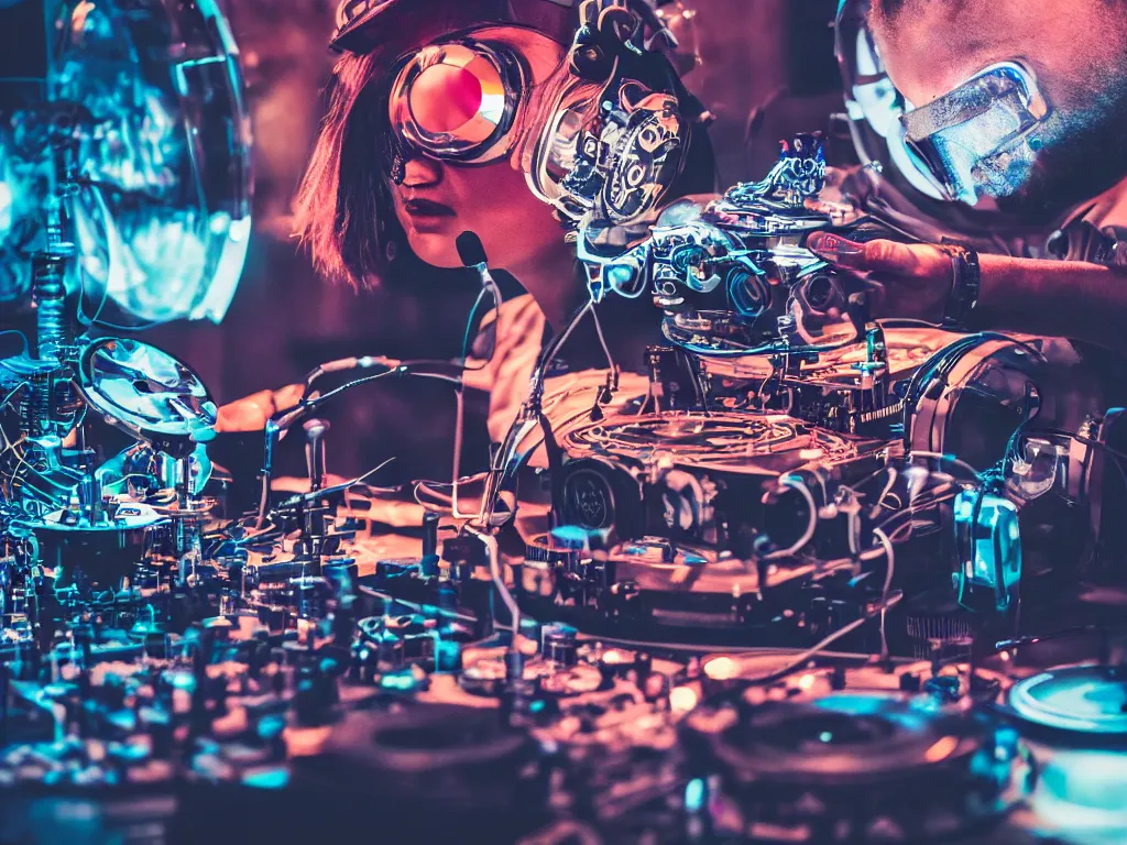 Image similar to a person wearing goggles and visor and headphones using a steampunk record player contraption, wires and tubes, turntablism dj scratching, intricate planetary gears, cinematic, imax, sharp focus, leds, bokeh, iridescent, black light, fog machine, hazy, lasers, hyper color digital art, cyberpunk