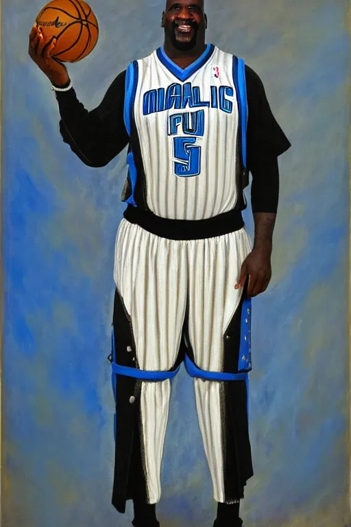 Image similar to full body portrait of shaquille o'neil as the dictator of the orlando magic, 1 8 8 9, in full military garb, magic blue, silver, and black, oil on canvas by william sidney mount, trending on artstation