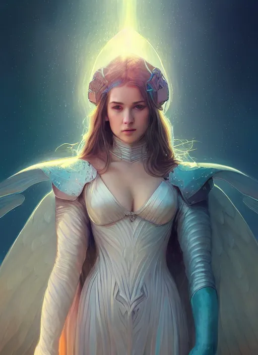 Prompt: one angel, big wings, low key light, full plate armor with cloth, f 1 6, bokeh, extreme close up portrait, gentle, female, mountain, storm, god rays, landscape, d & d, fantasy, elegant, teal pink white gold color palette, concept art, artgerm and greg rutkowski and alphonse mucha