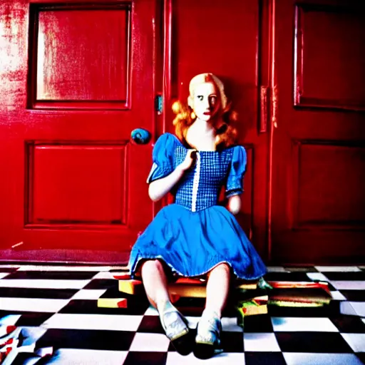 Prompt: alice in the wonderland, sitting, checkered floor, chair, blue dress, red door blonde by cheval michael