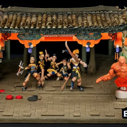 Image similar to photo of nendroid figures inside a diorama, depicting the cute fighters of mortal kombat brutally fighting each other inside a shaolin temple next to a spike - pit.