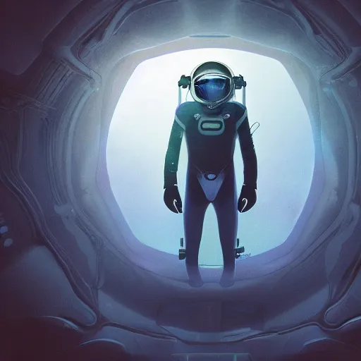 Image similar to concept art diver astronaut in underwater futuristic dark and empty spaceship. infrared complex and hyperdetailed technical suit design. reflection material. rays and dispersion of light breaking through the deep water. 3 5 mm, f / 3 2. noise film photo. flash photography. trend artstation