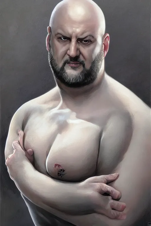 Image similar to chonky ethan van sciver with a bald head, grey trimmed beard, pointed nose, ethan van sciver, striking hyper real painting, comic book style portrait painting, greg rutkowski, wlop, charlie bowater