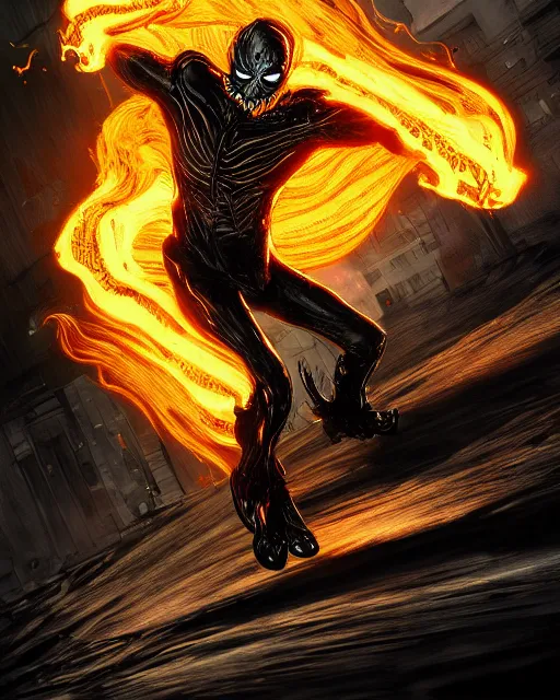 Image similar to ghost rider symbiote, dynamic lighting, fantasy concept art, trending on art station, stunning visuals, creative, cinematic, ultra detailed, comic strip style