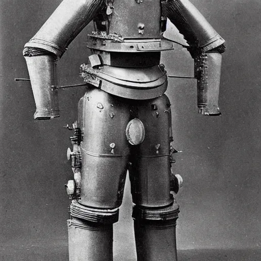 Prompt: a photograph from 1890 of mech suit made out of a cast iron potbelly stove