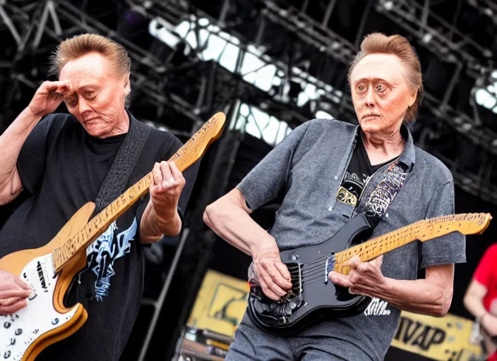 Image similar to photo still of christopher walken on stage at vans warped tour!!!!!!!! at age 5 5 years old 5 5 years of age!!!!!!! shredding on guitar, 8 k, 8 5 mm f 1. 8, studio lighting, rim light, right side key light