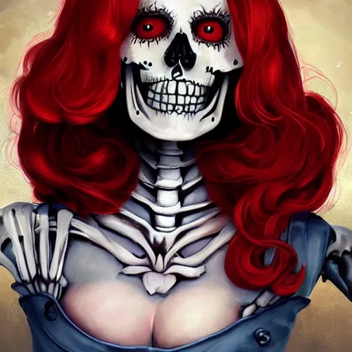 Image similar to cute & beautiful smug smiling undead skeleton girl with very attractive face and red hair dressed as a soviet mitary officer, elegant, digital art, fullbody painting, fantasy, pixar style, painting, pin up, highly detailed, artstation, art by artgerm, vrubel, greg rutkowski, ilya kuvshinov, raymond swanland