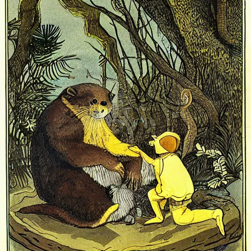 Prompt: illustration of the Aesop fable, The Mink and the Otter