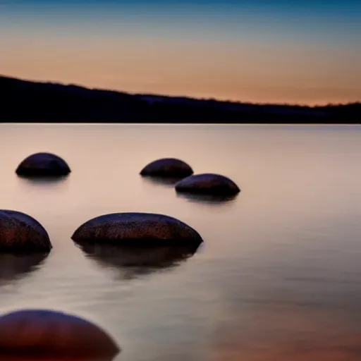 Image similar to glowing orbs over a lake in the night, wet rocks