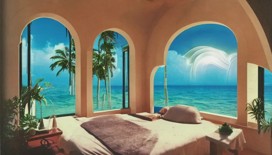 Image similar to A 1985 vintage magazine architecture photo of a bedroom, mediterranean architecture, refracted lines and sparkles, thunderstorm outside, beach and tropical vegetation on the background major arcana sky and occult symbols, hyperrealistic 8k uhd, award-winning, 1985