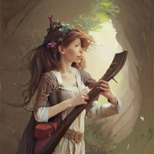 Image similar to elf fairy bard with a lute, art supplies in bag, wearing a cardigan, blonde, highly detailed, intricate, digital painting, artstation, sharp focus, illustration, art by jakub rozalski, greg rutkowski, artgerm, tan zi and ayanamikodon and alphonse mucha and wlop