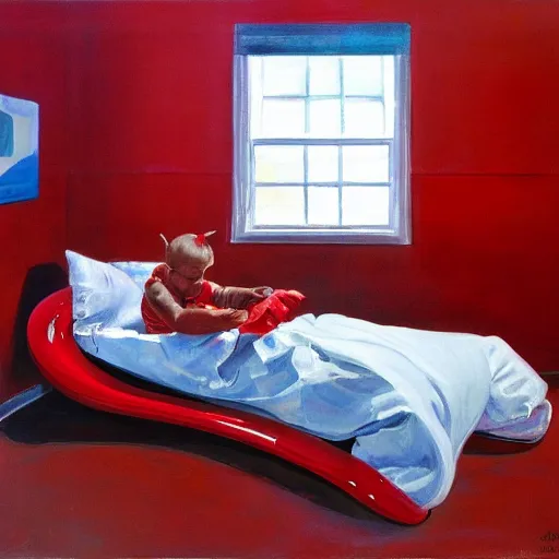 Prompt: an eric fischl painting of a red children's racecar bed