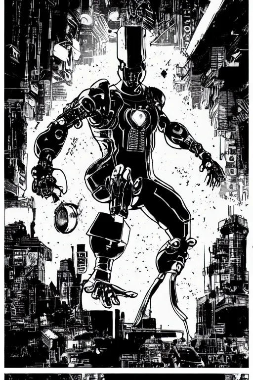 Image similar to ultron doing a high kick, a page from cyberpunk 2 0 2 0, style of paolo parente, style of mike jackson, adam smasher, johnny silverhand, 1 9 9 0 s comic book style, white background, ink drawing, black and white
