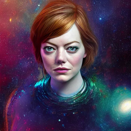 Image similar to emma stone as a cosmic fractal, hyper detailed, digital art, trending in artstation, cinematic lighting, studio quality, smooth render, unreal engine 5 rendered, octane rendered, art style by klimt and nixeu and ian sprigger and wlop and krenz cushart.