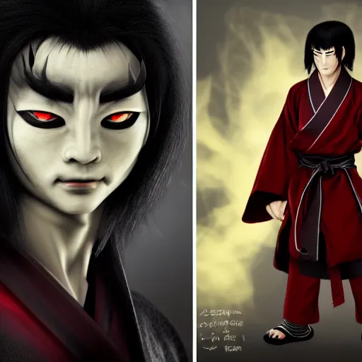 Image similar to demon martial artist, handsome japanese demon boy, young adult yokai with long spiky black hair, vampire, vantablack gi, simple clothes, red eyes, ultra realistic, intricate details, highly detailed, subsurface scattering, photorealistic, octane render, 8 k, art by artgerm, greg rutkowski, magali villeneuve, alphonse mucha