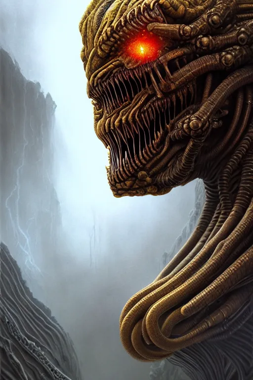 Prompt: majestic god centipede hybrid portrait, doom, sf, intricate artwork masterpiece, ominous, matte painting, golden ratio, trending on cgsociety, intricate, epic, trending on artstation, by artgerm, h. r. giger and daarken and beksinski, highly detailed, vibrant, production cinematic character render, ultra high quality model