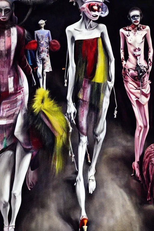 Image similar to crazy fashion catwalk, one model, crazy clothes, hauntingly surreal, highly detailed painting by francis bacon, edward hopper, adrian ghenie, gerhard richter, and james jean soft light 4 k,