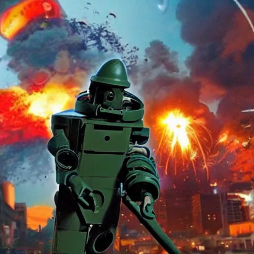 Image similar to giant toy soldier robot destroying a city explosion, panic, chaos