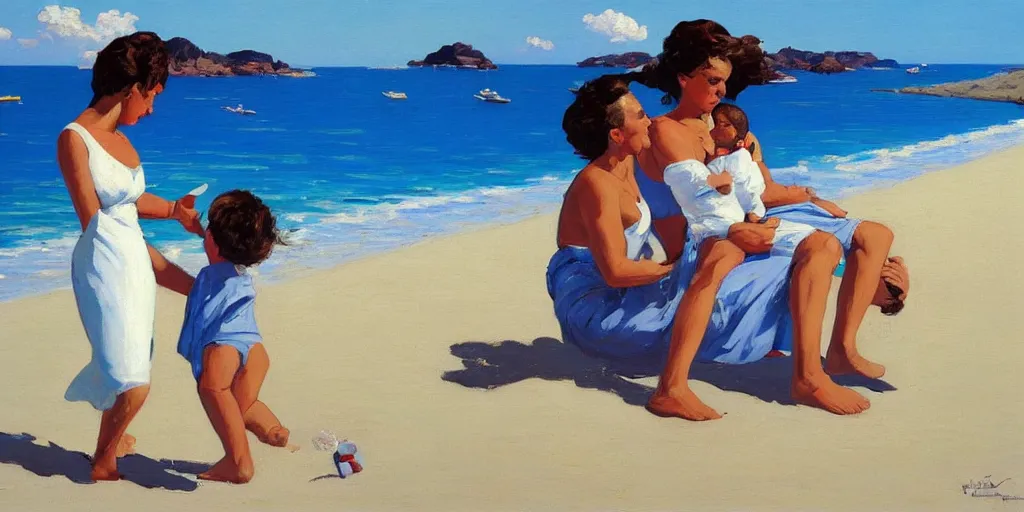 Image similar to a couple and a baby on a beach in sardinia, white sand, blue sky, summer, painting by jack vettriano