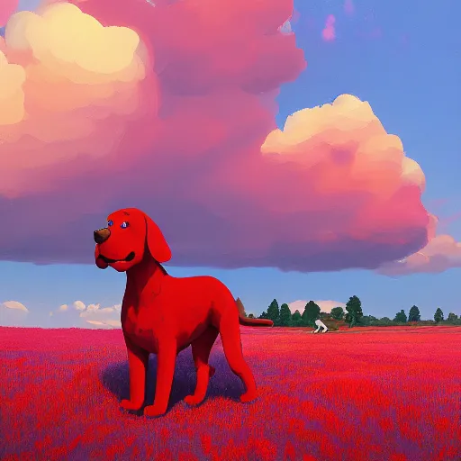 Image similar to a clifford the big red dog, surreal photography, flower field, sunset on a summer day light, impressionist painting, colorful clouds, blue sky, digital painting, artstation, simon stalenhag