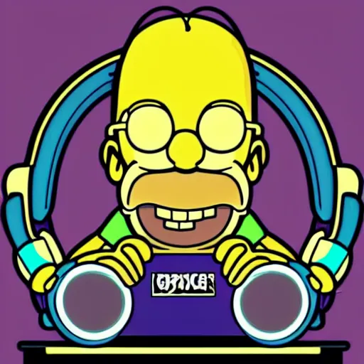 Image similar to svg sticker of a Homer-Simpson at a rave, spinning records, giant headphones rocking out, wearing headphones, huge speakers, dancing, rave, DJ, spinning records, digital art, amazing composition, rule-of-thirds, award-winning, trending on artstation, featured on deviantart