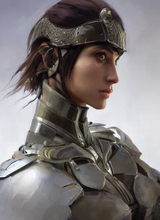 Image similar to a professional painting of a beautiful young female, clothed in military armor, olive skin, long dark hair, beautiful bone structure, symmetrical facial features, intricate, elegant, digital painting, concept art, smooth, sharp focus, illustration, from Metal Gear, by Ruan Jia and Mandy Jurgens and Artgerm and William-Adolphe Bouguerea