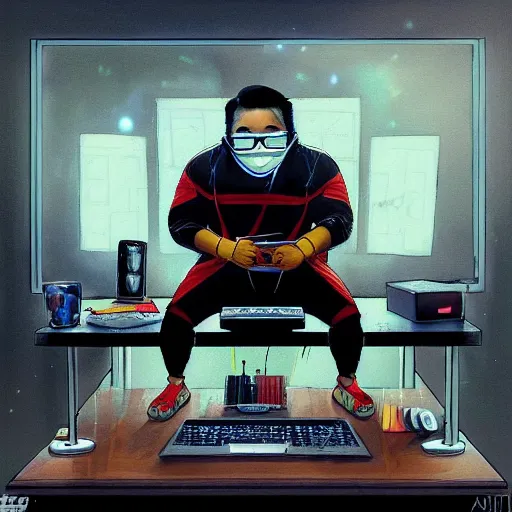 Image similar to an insanely detailed painting of a chubby nerdy asian man wearing a homemade superhero costume and mask, sitting at a computer desk typing on the keyboard, in the style of peter mohrbacher, dramatic lighting and composition, trending on artstation, concept art, comic book, graphic novel, back view