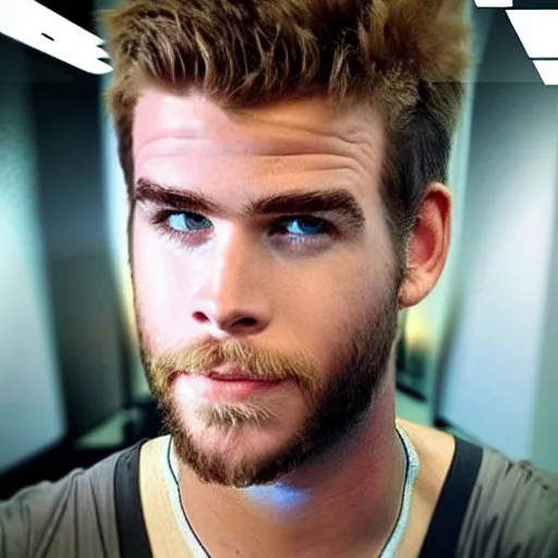 Image similar to “ a realistic detailed photo of a guy who is an attractive humanoid who is half robot and half humanoid, who is a male android, actor liam hemsworth, shiny skin, posing like a statue, blank stare, at the museum, on display ”